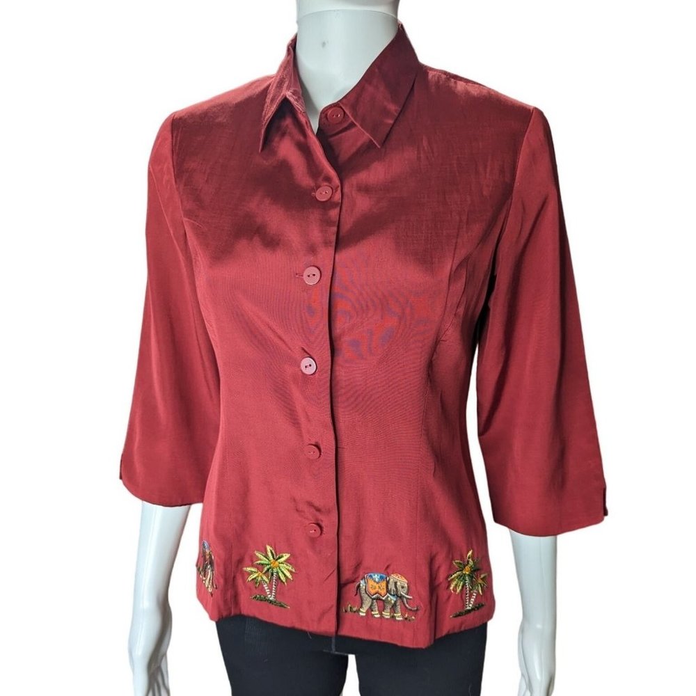 Silkland Red Silk/Cotton Jacket Embroidered Tropical Print 3/4 sleeves Boho sz6P